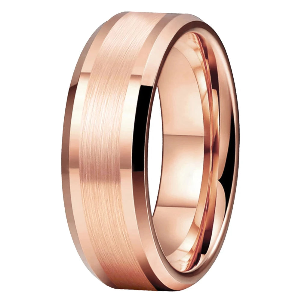 Tungsten Beveled Edges Brushed Rose Gold Ring 