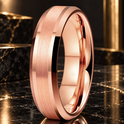 Tungsten Beveled Edges Brushed Rose Gold Ring 
