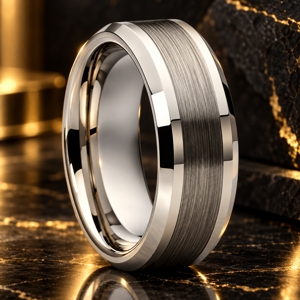 Tungsten Carbide Beveled Wedding Band With Brushed Center 