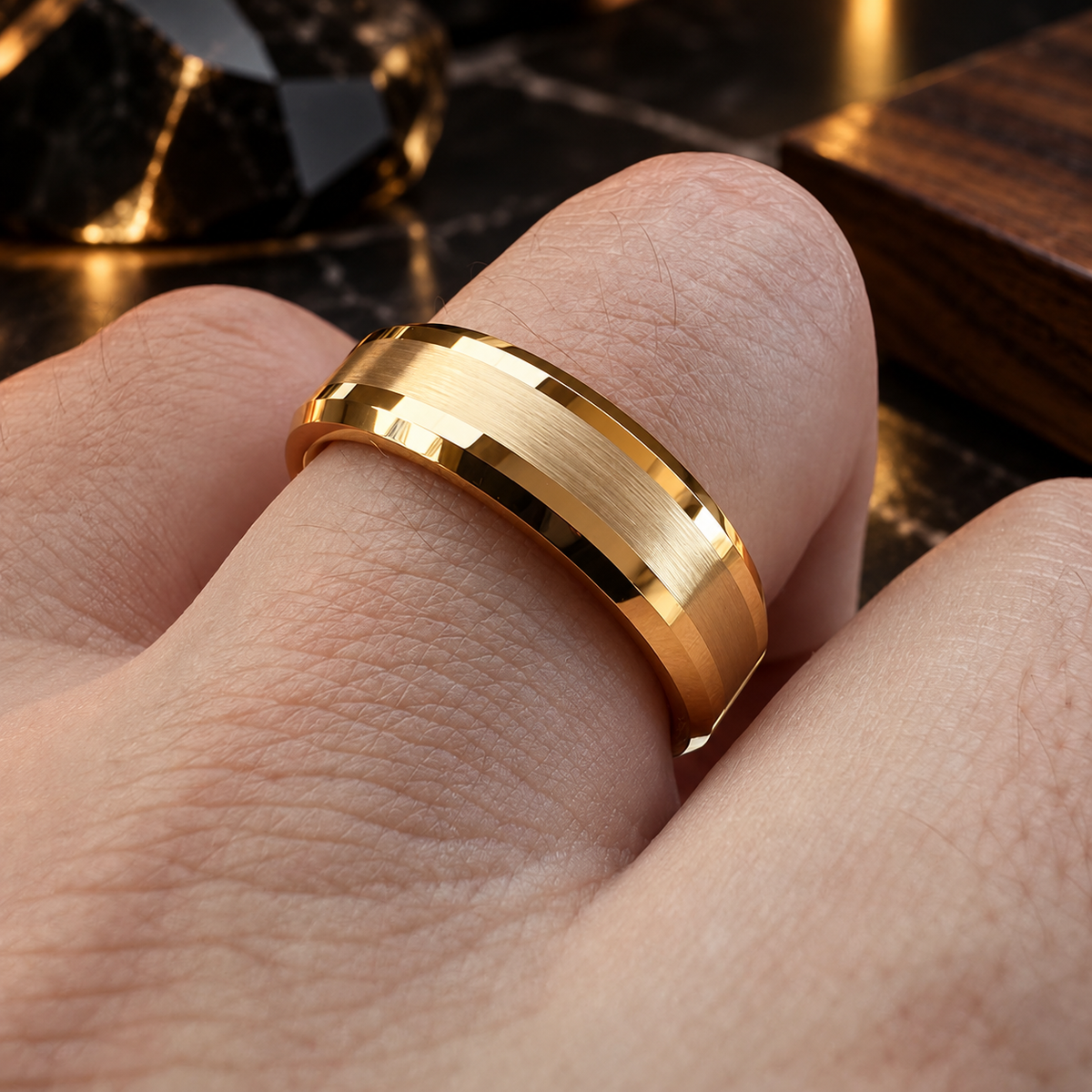 Tungsten Comfort Fit Brushed Gold Ring With Beveled Edges