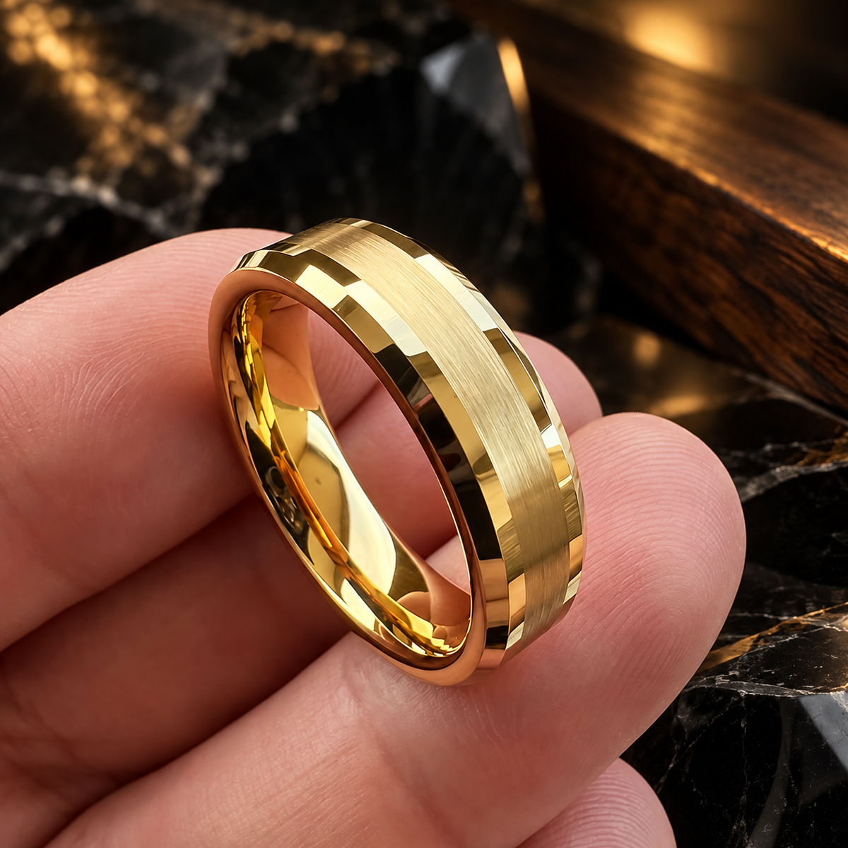 Tungsten Comfort Fit Brushed Gold Ring With Beveled Edges