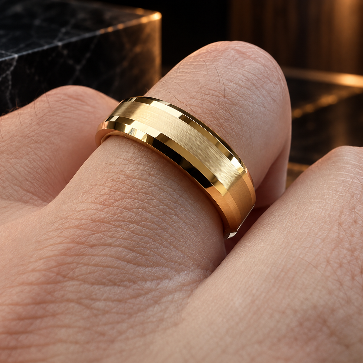 Tungsten Comfort Fit Brushed Gold Ring With Beveled Edges
