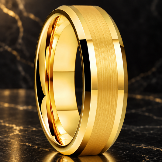 Tungsten Comfort Fit Brushed Gold Ring With Beveled Edges