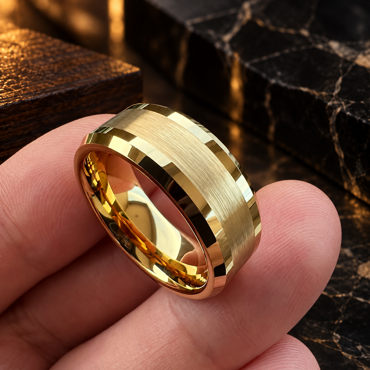 Tungsten Comfort Fit Brushed Gold Ring With Beveled Edges