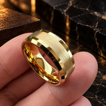 Tungsten Comfort Fit Brushed Gold Ring With Beveled Edges