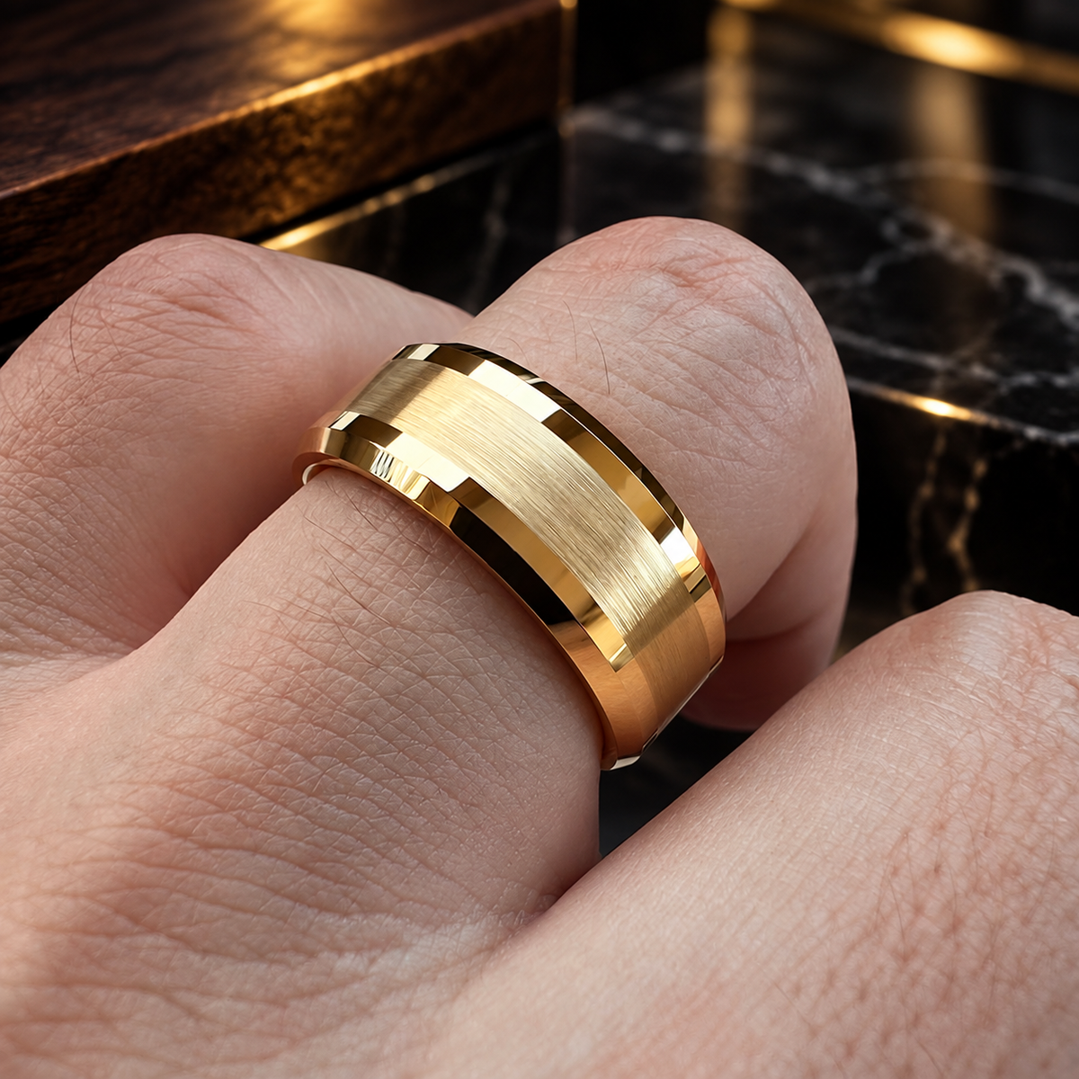 Tungsten Comfort Fit Brushed Gold Ring With Beveled Edges