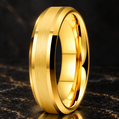 Tungsten Comfort Fit Brushed Gold Ring With Beveled Edges