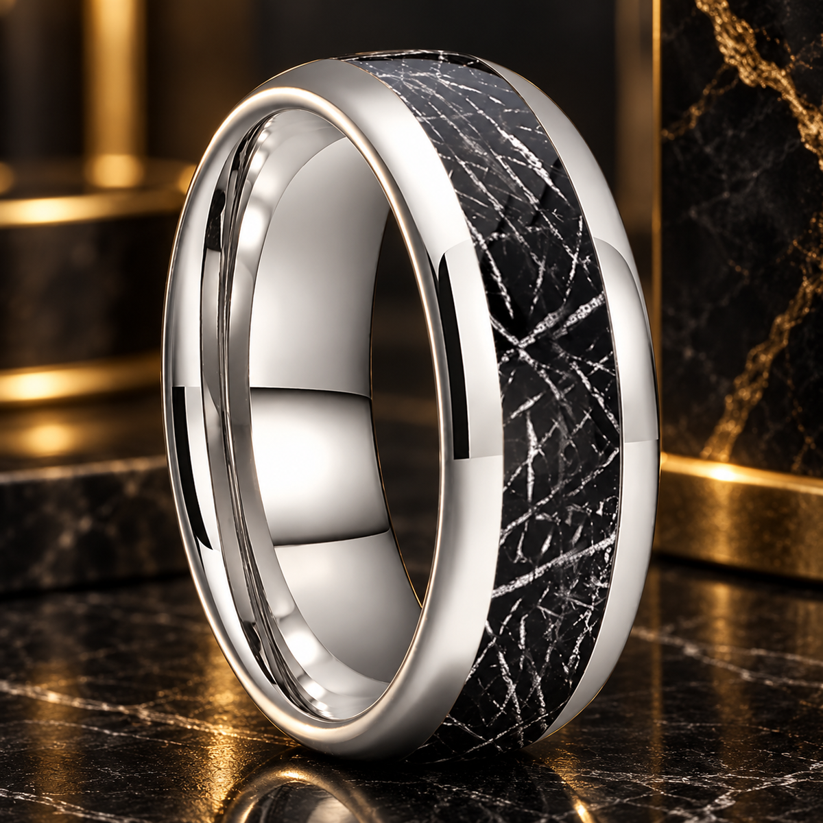 Tungsten Ring With Black Meteorite Inlay