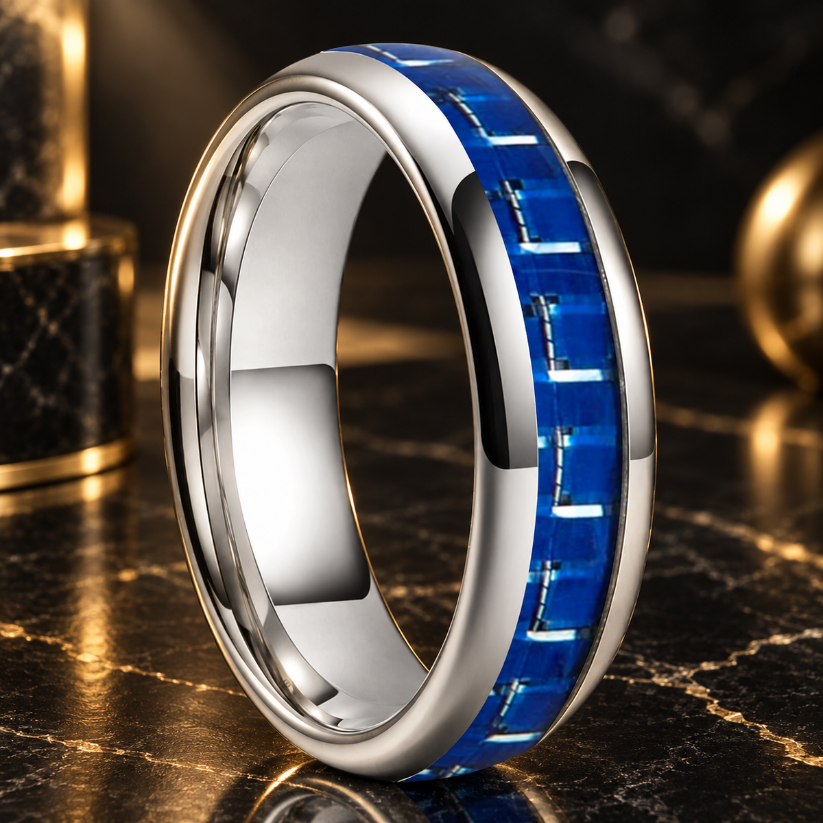 Tungsten Ring With Blue Carbon Fiber Inlay