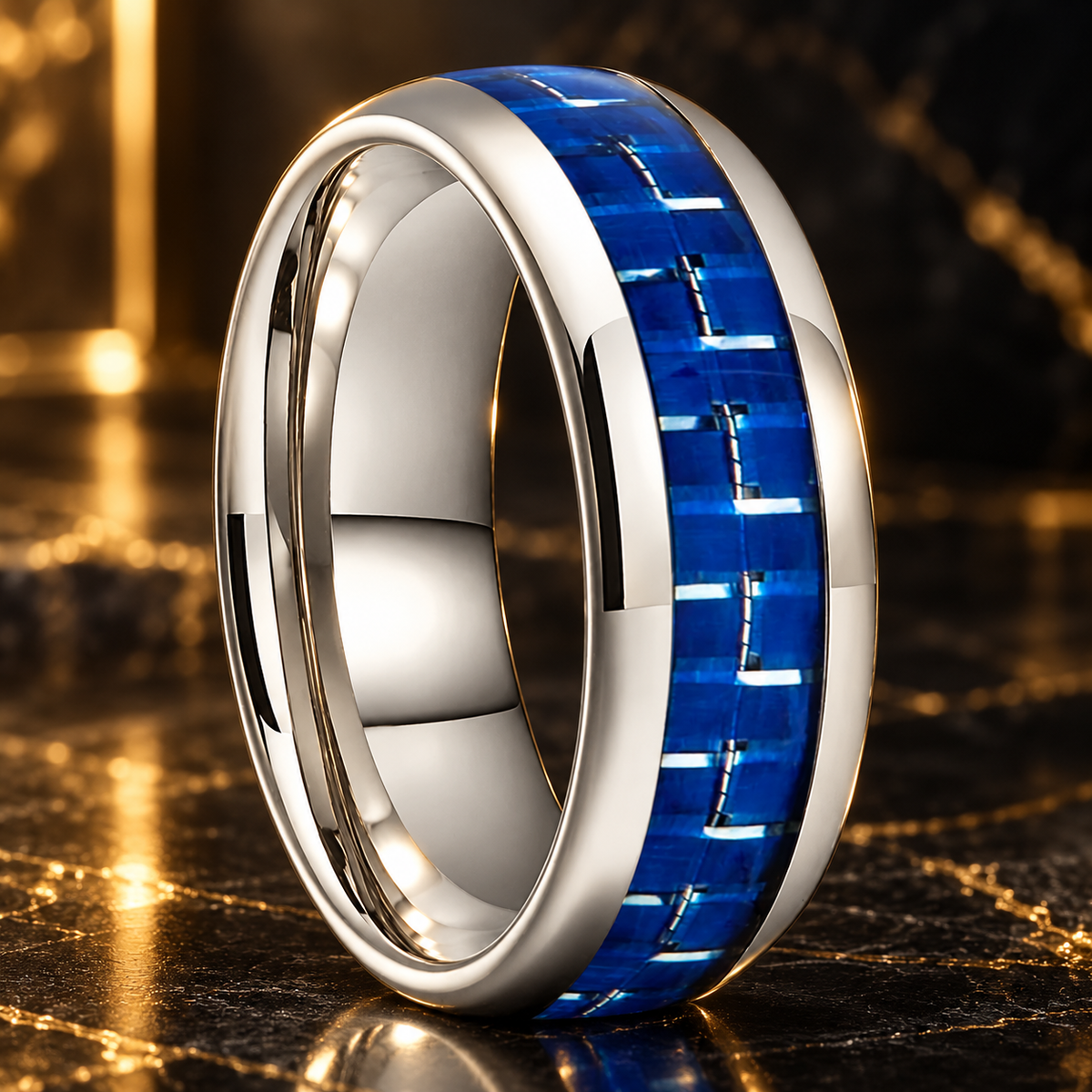 Tungsten Ring With Blue Carbon Fiber Inlay
