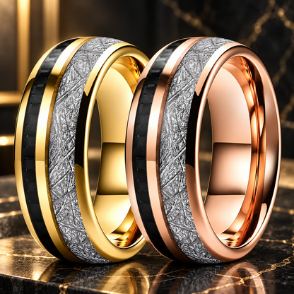Tungsten Ring With Carbon Fiber and Meteorite Inlay