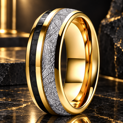 Tungsten Ring With Carbon Fiber and Meteorite Inlay
