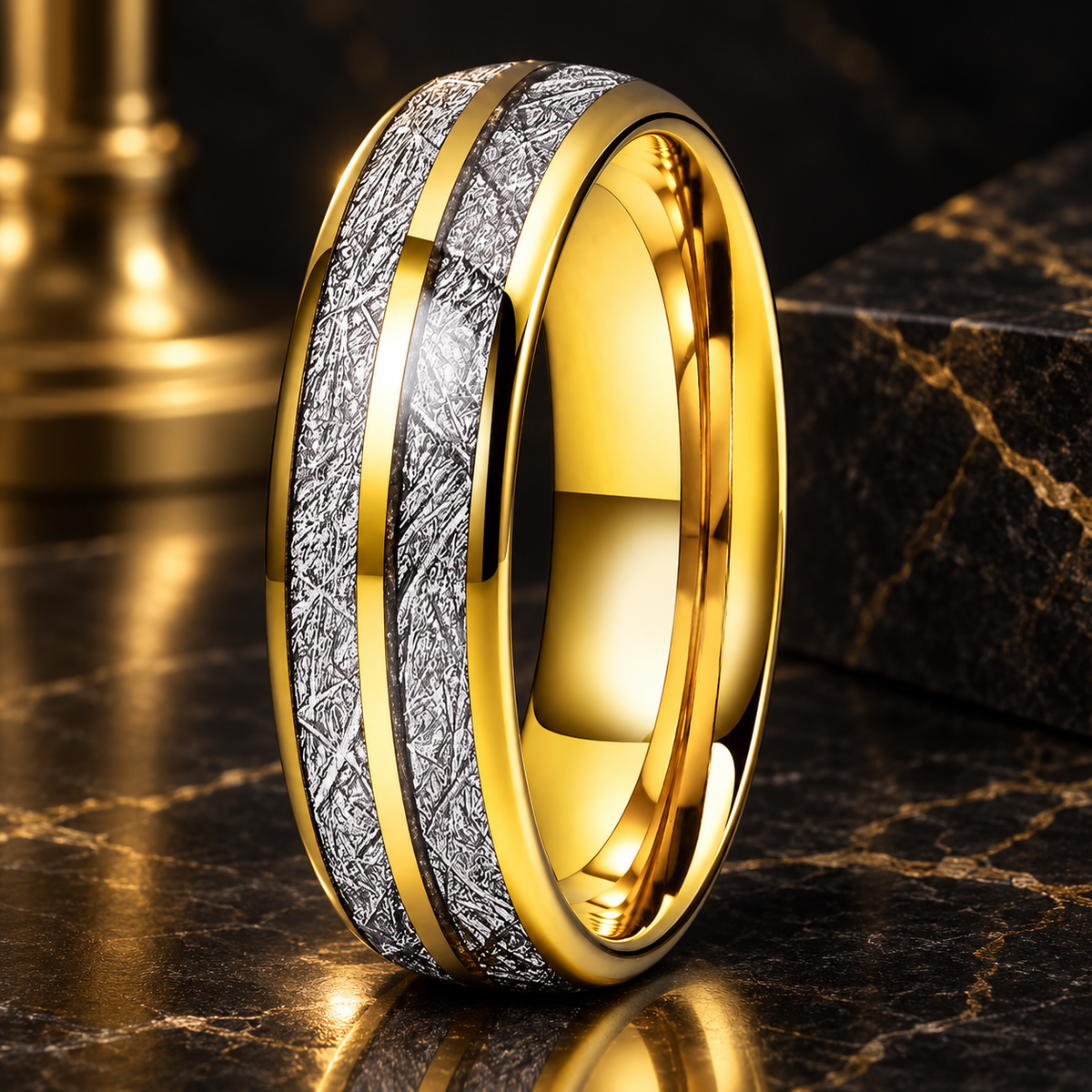 Tungsten Ring With White Meteorite Inlay