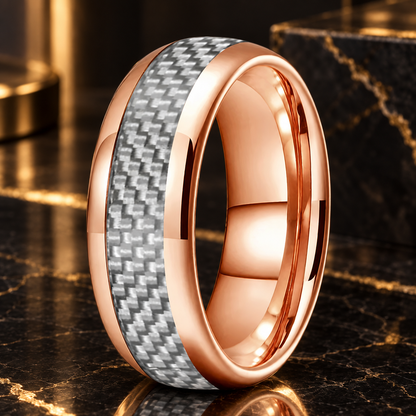 Tungsten Ring With White Carbon Fiber Inlay