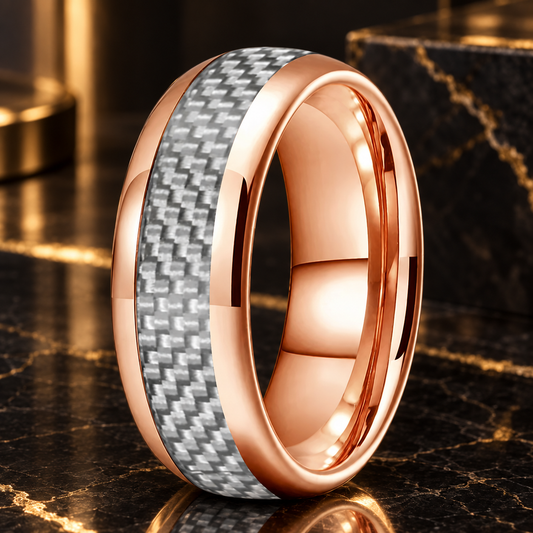 Tungsten Ring With White Carbon Fiber Inlay