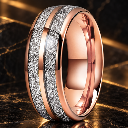Tungsten Ring With White Meteorite Inlay