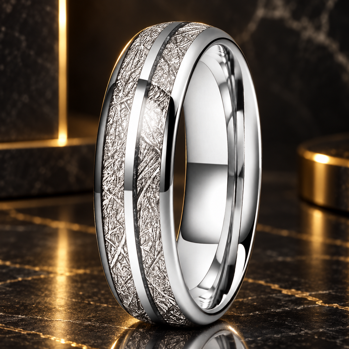 Tungsten Ring With White Meteorite Inlay