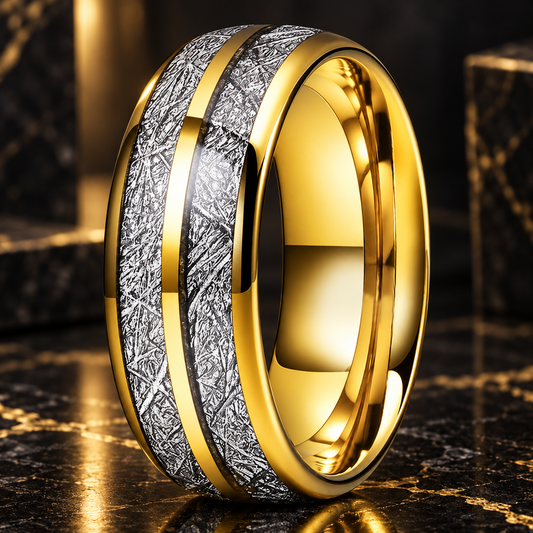 Tungsten Ring With White Meteorite Inlay
