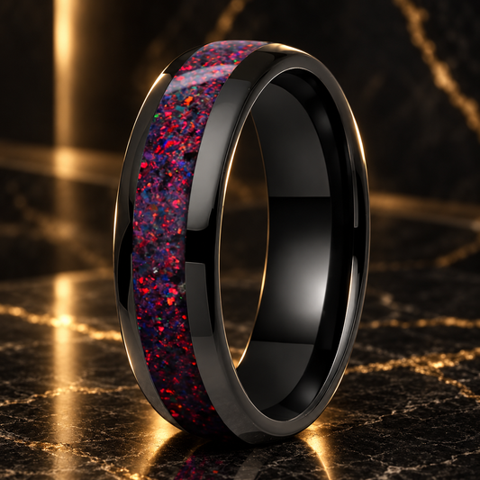 Tungsten Wedding Band With Fire Opal