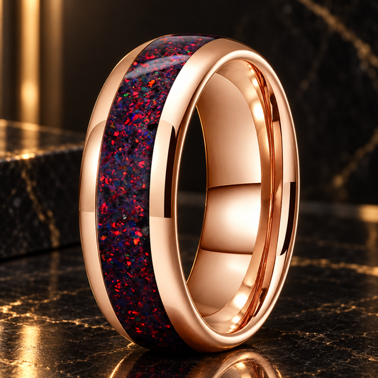 Tungsten Wedding Band With Fire Opal