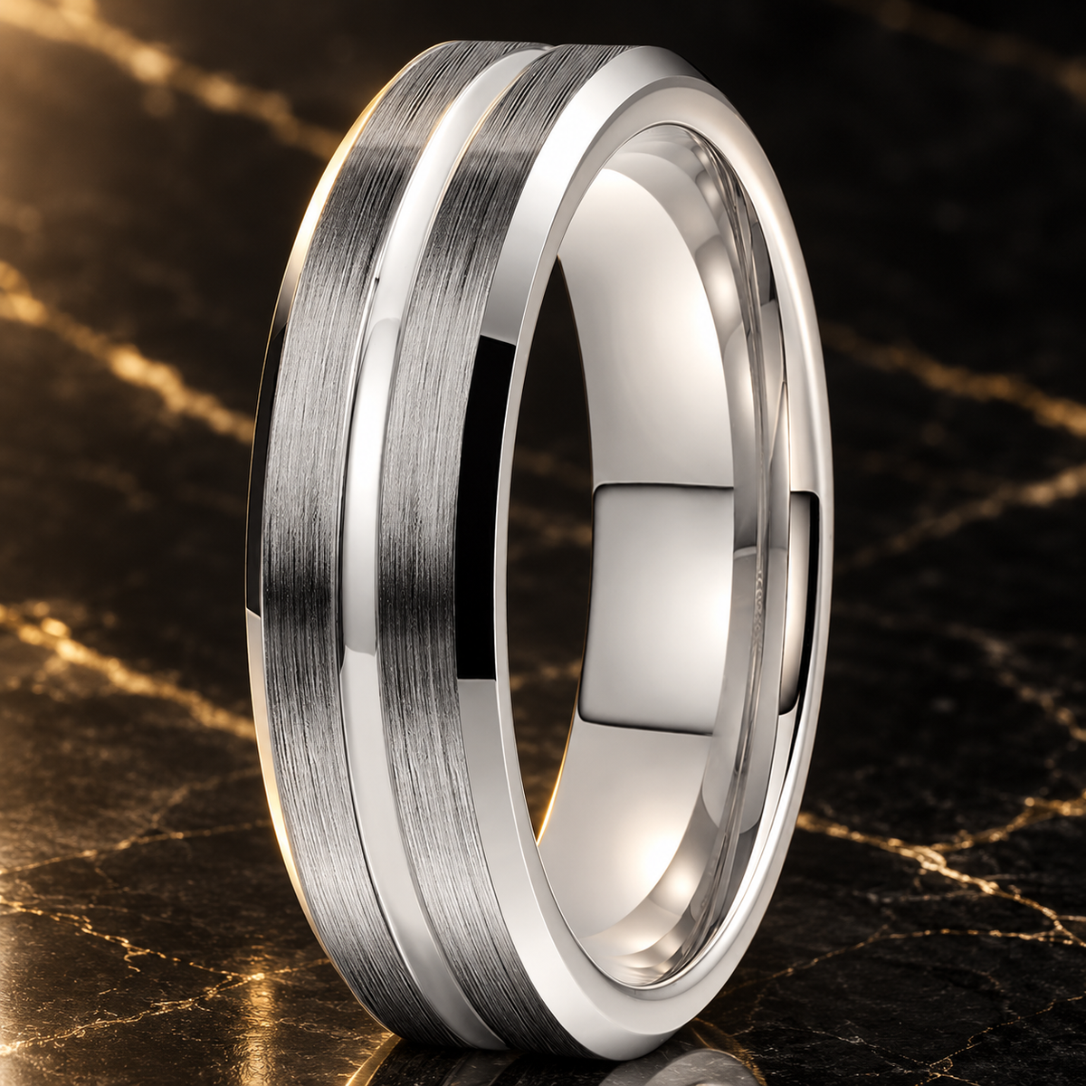 Tungsten Wedding Band With Flat Grooved Center