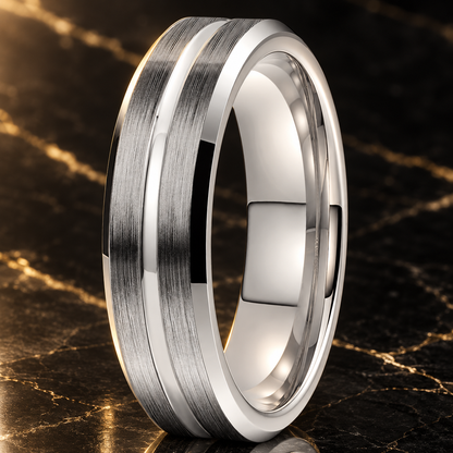 Tungsten Wedding Band With Flat Grooved Center