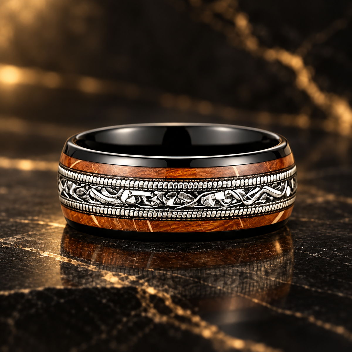 Tungsten Wedding Ring With Meteorite and Whiskey Barrel Wood