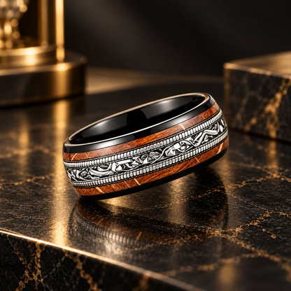 Tungsten Wedding Ring With Meteorite and Whiskey Barrel Wood