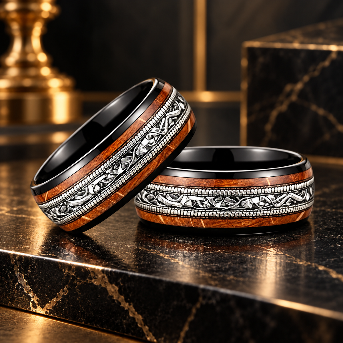 Tungsten Wedding Ring With Meteorite and Whiskey Barrel Wood