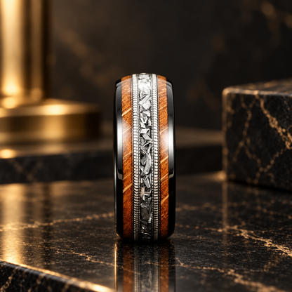 Tungsten Wedding Ring With Meteorite and Whiskey Barrel Wood