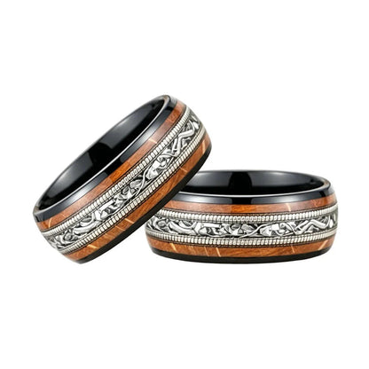 Tungsten Wedding Ring With Meteorite and Whiskey Barrel Wood