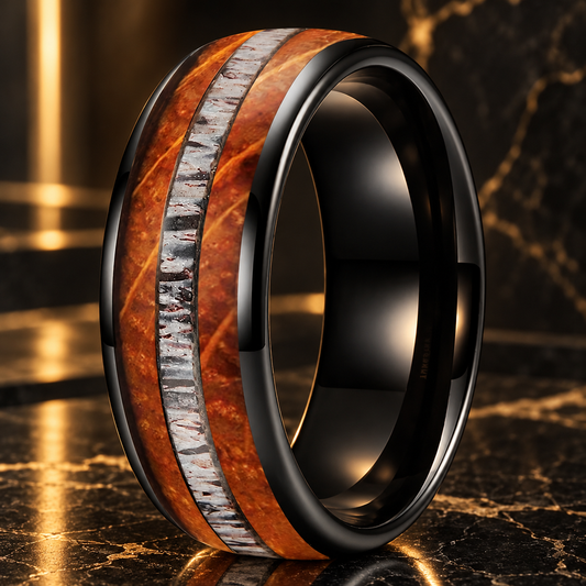 Whiskey Barrel and Deer Antler Inlay Black Tungsten Ring