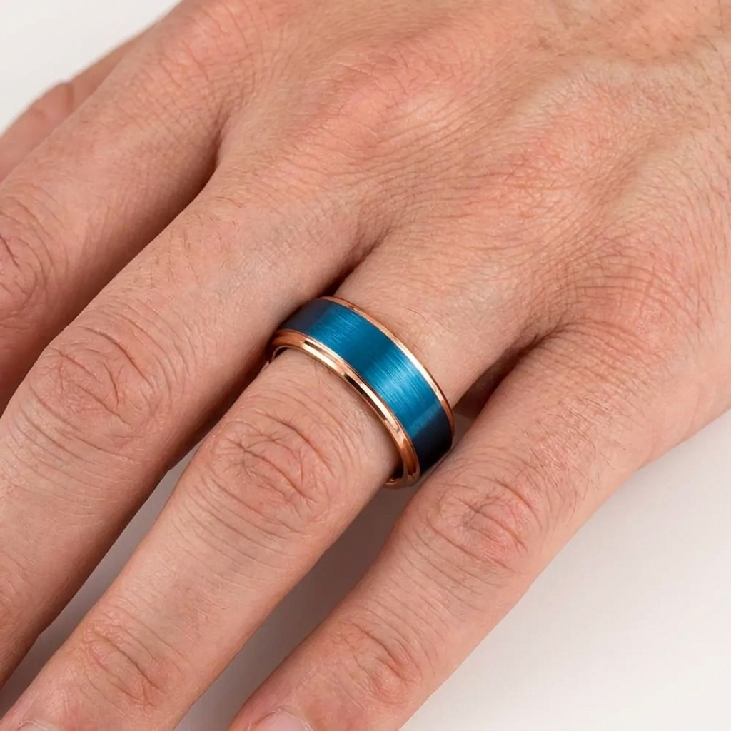 Rose Gold and Blue Tungsten Wedding Band