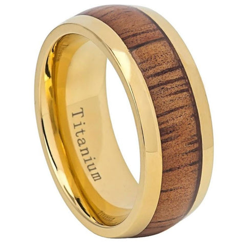 Titanium Yellow Gold Ring Domed with Rosewood Inlay-9mm