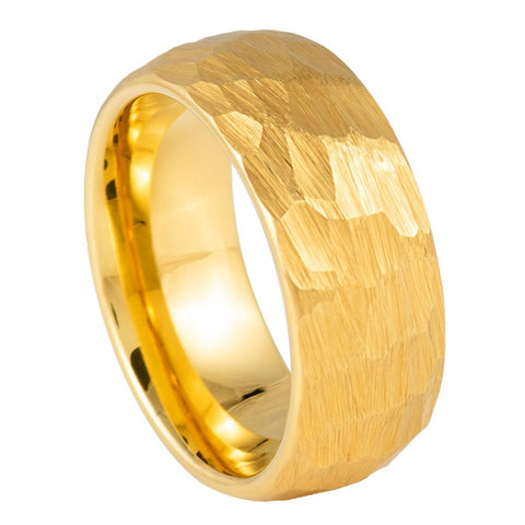Domed Hammered Yellow Gold Tungsten Carbide Band - 8mm
