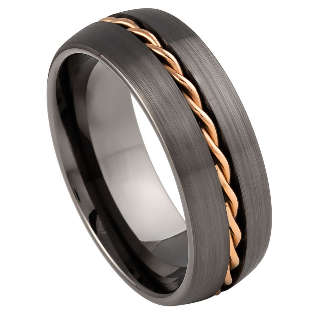 Tungsten Ring with Grooved 18K Gold Plating
