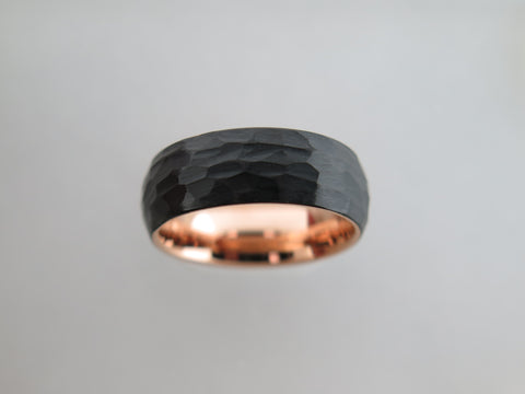 Hammered Black Tungsten Carbide Band With Rose Gold* Interior - 8mm