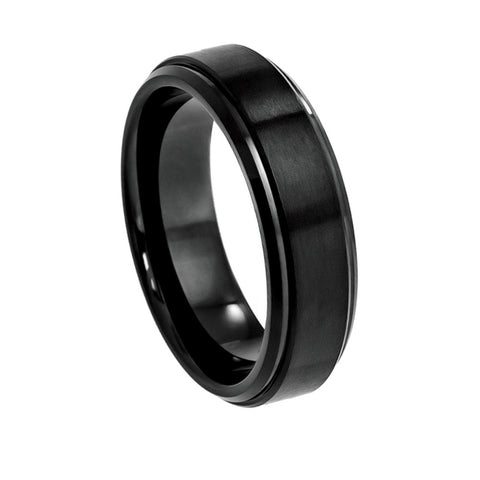 Black Cobalt Ring with Satin Center & Shiny Stepped Edge 6mm