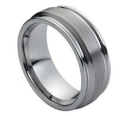 Tungsten Raised Brushed Center Ring with Inverted Grooves-8mm