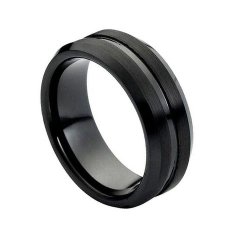Black Tungsten Brushed Ring with Grooved Shiny Center-8mm